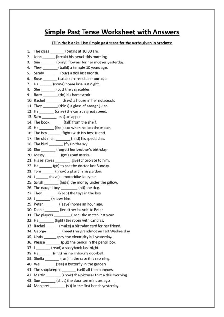 Simple Past Tense Worksheet with Answers pdf