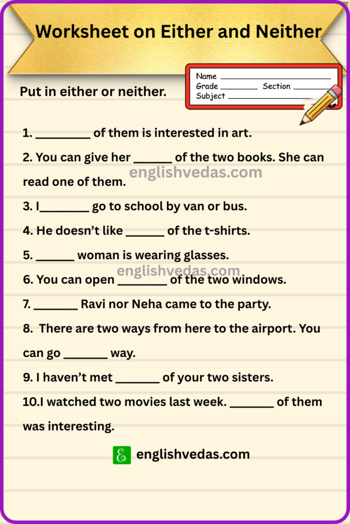 Either vs Neither Worksheet