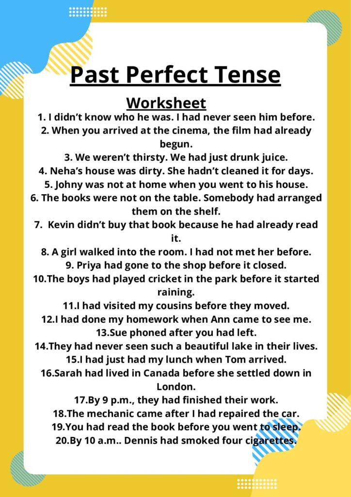 Past Perfect Tense worksheet Past Perfect Tense worksheet pdf