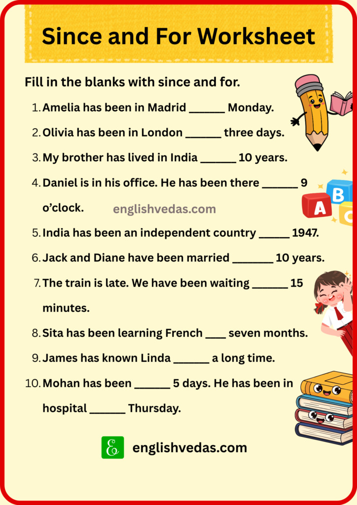 Since and For Worksheet with Answers 