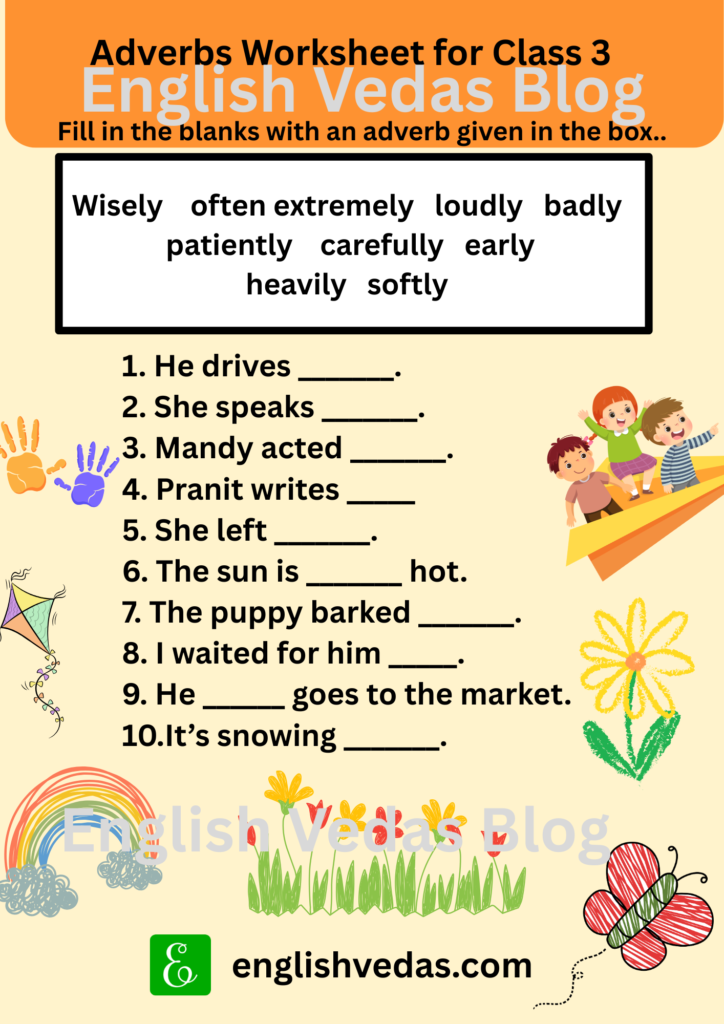 Colorful adverbs worksheet for Class 3 students showing examples like wisely, often, extremely,