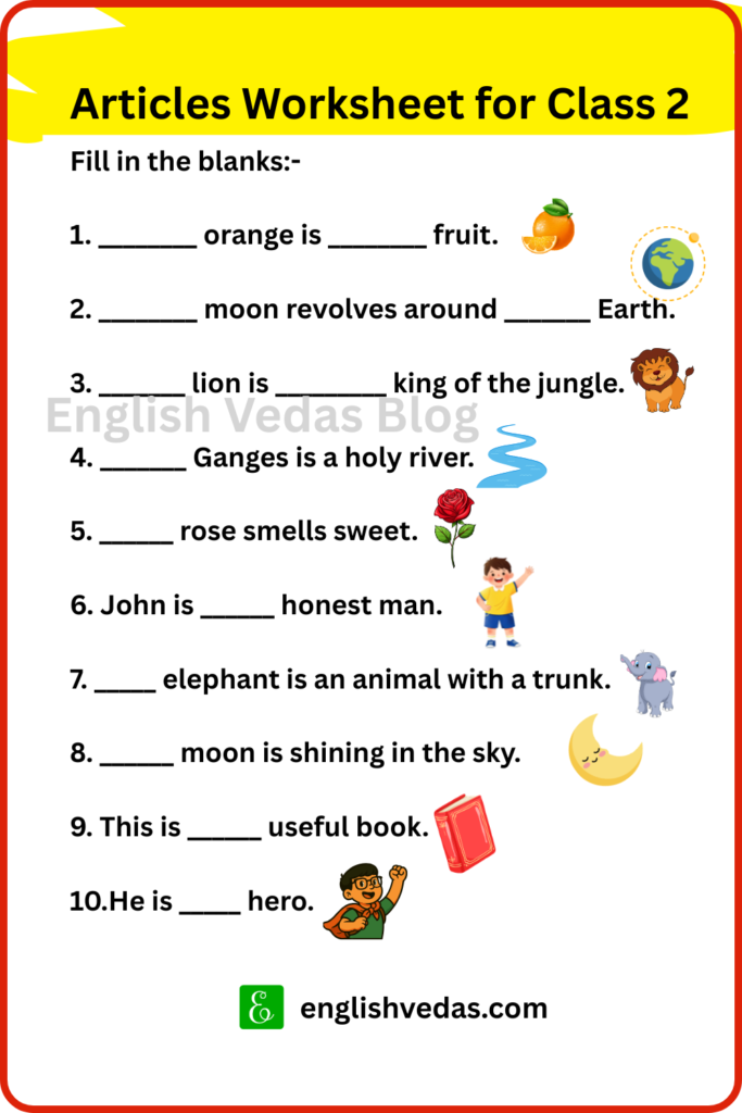 Articles Worksheet for Class 2 