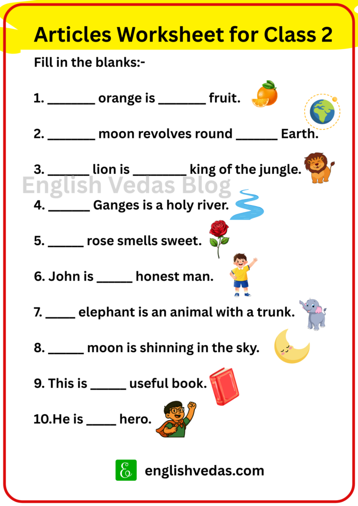 Articles worksheet for class 2