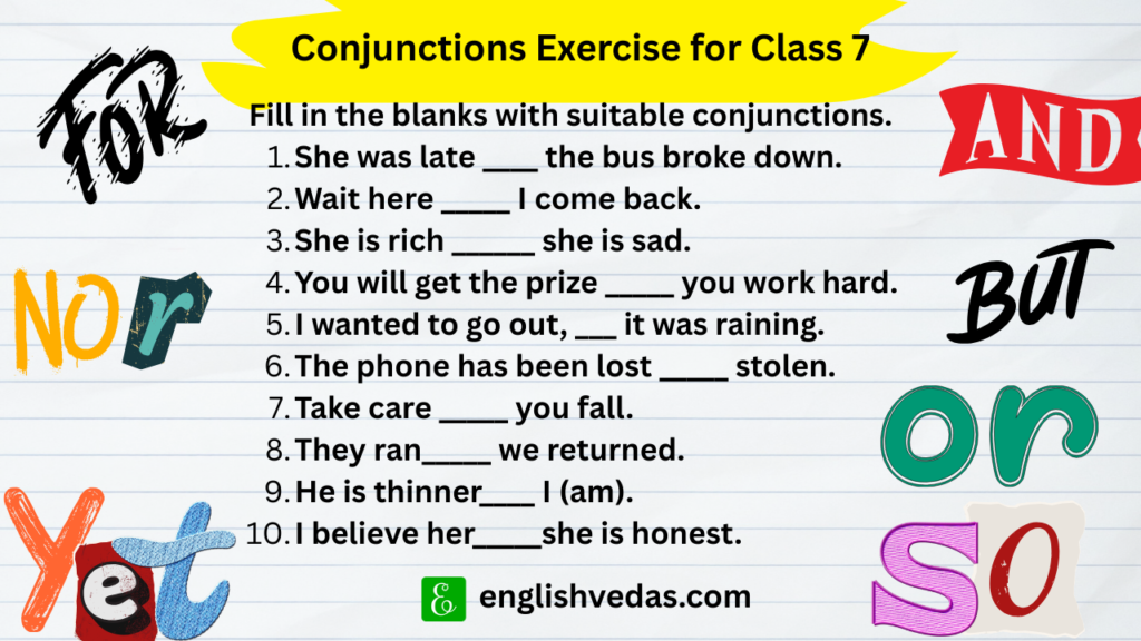 Conjunctions Exercise for Class 7