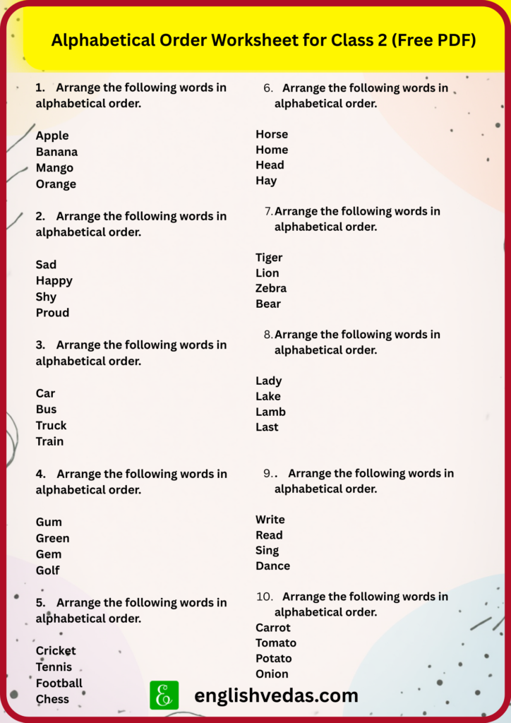 Alphabetical Order Worksheet for Class 2 (Free PDF)