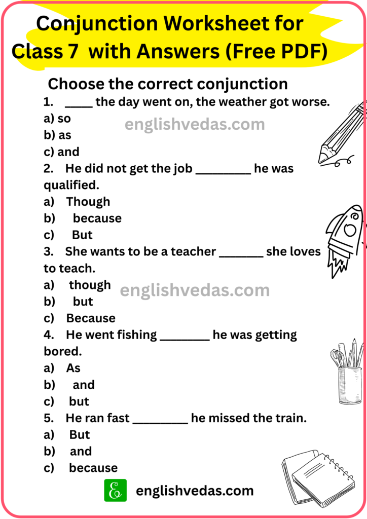 Conjunction Worksheet for Class 7 with Answers (Free PDF)