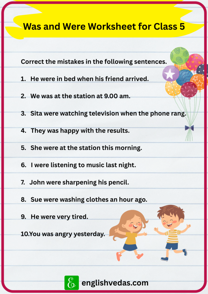 Was and Were Worksheet for Class 5