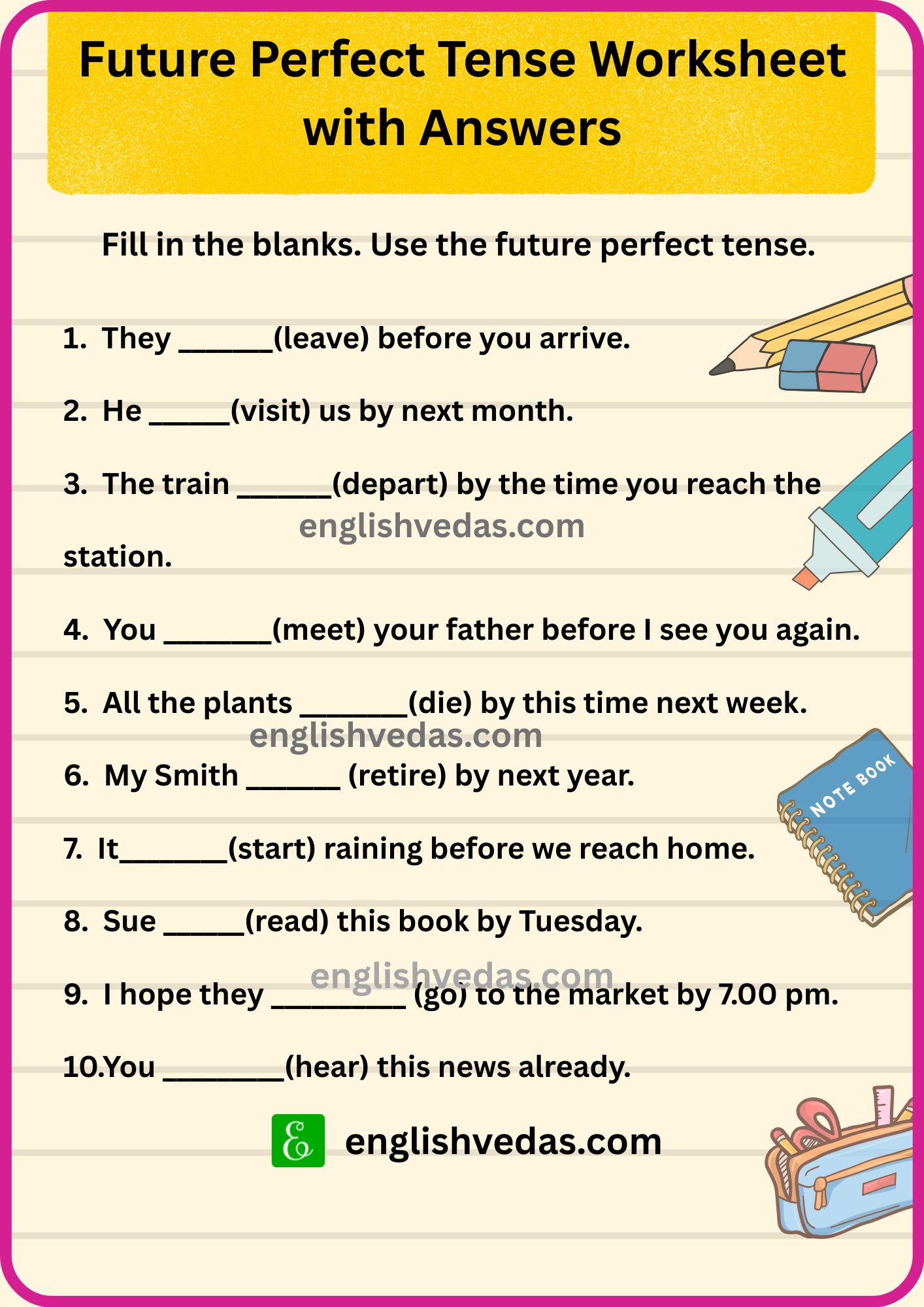 Future Perfect Tense Worksheet with Answers (Free PDF Download ...