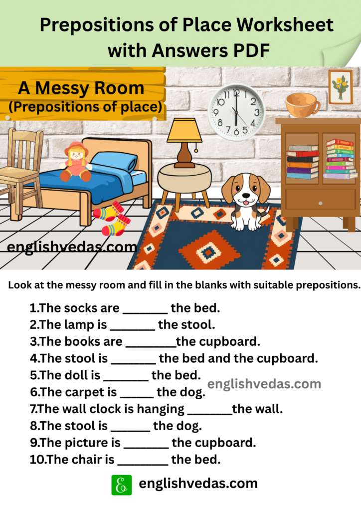 Prepositions of Place Worksheet with Answers PDF A Messy Room