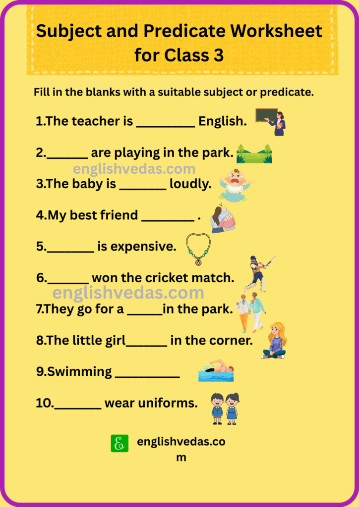 Subject and Predicate Worksheet for Class 3