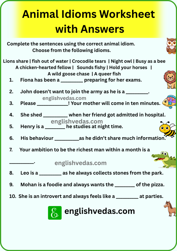 Animal Idioms Worksheet with Answers