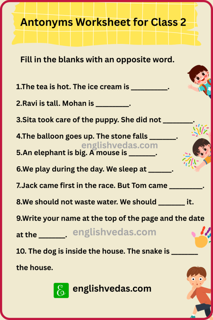Antonyms Worksheet for Class 2