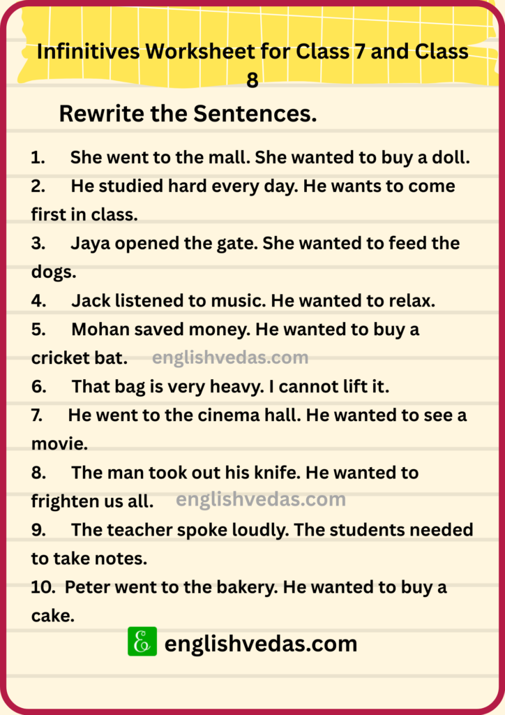 Infinitives Worksheet for Class 7