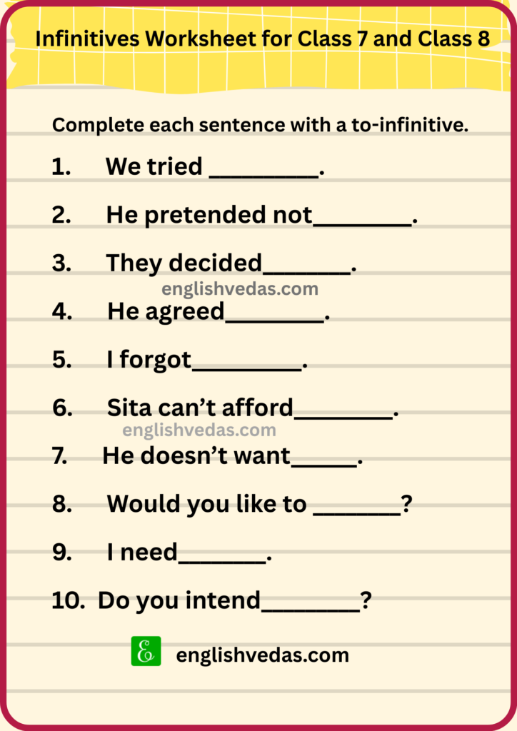 Infinitives Worksheet for Class 7 and Class 8