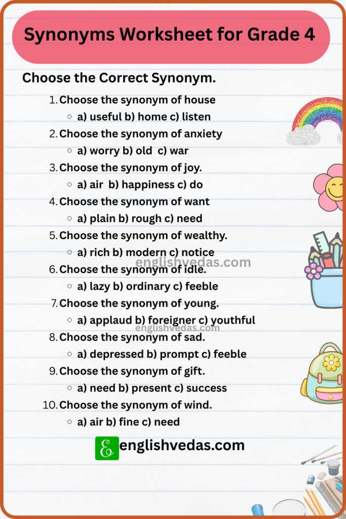 Synonyms Worksheet Grade 4
