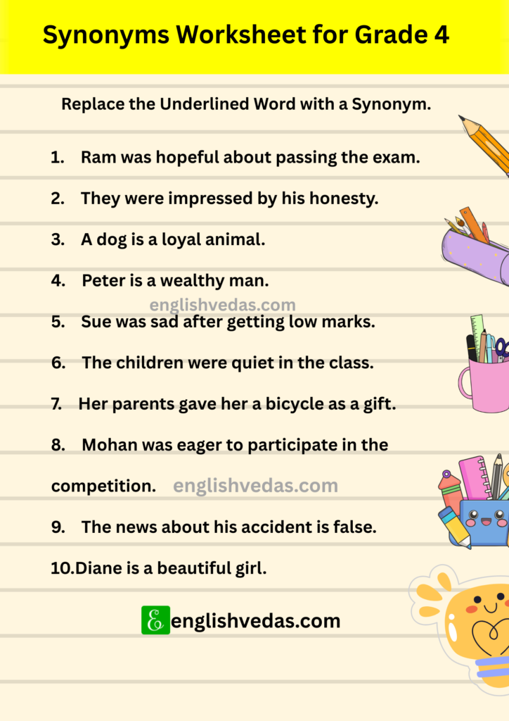 Synonyms Worksheet for Grade 4