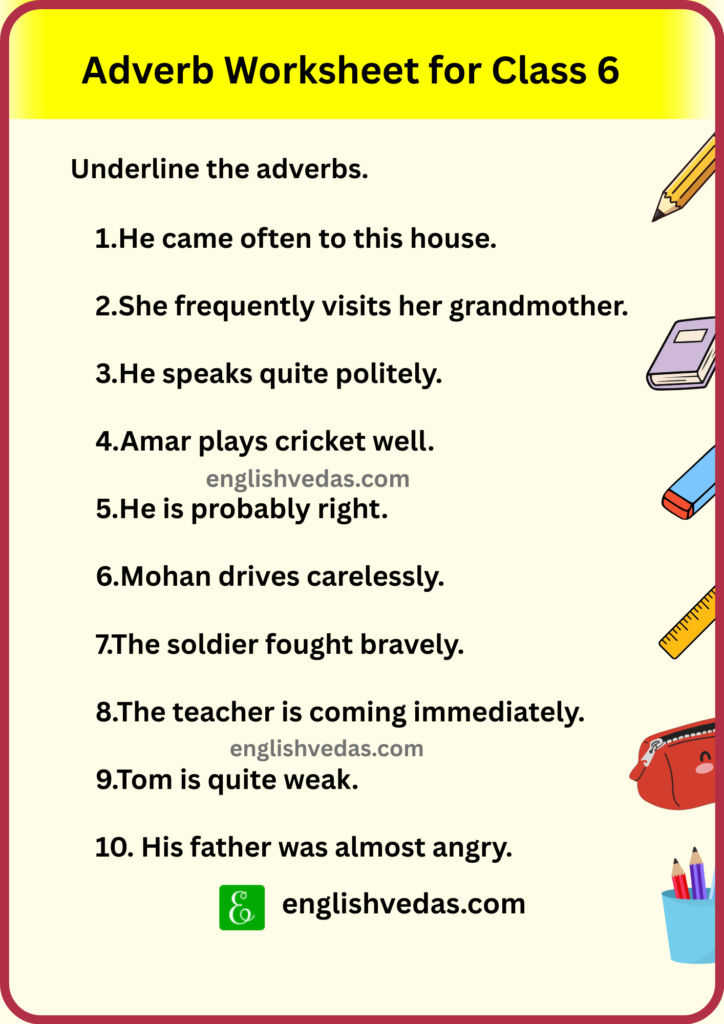 Adverb Worksheet for Class 6