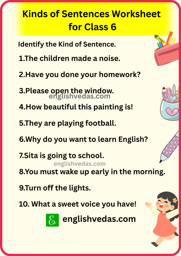 Kinds of Sentences Worksheet for Class 6