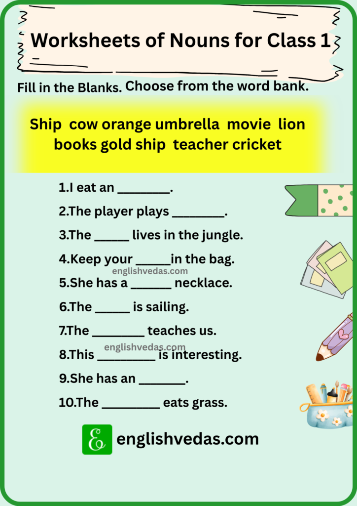 Worksheets of Nouns for Class 1