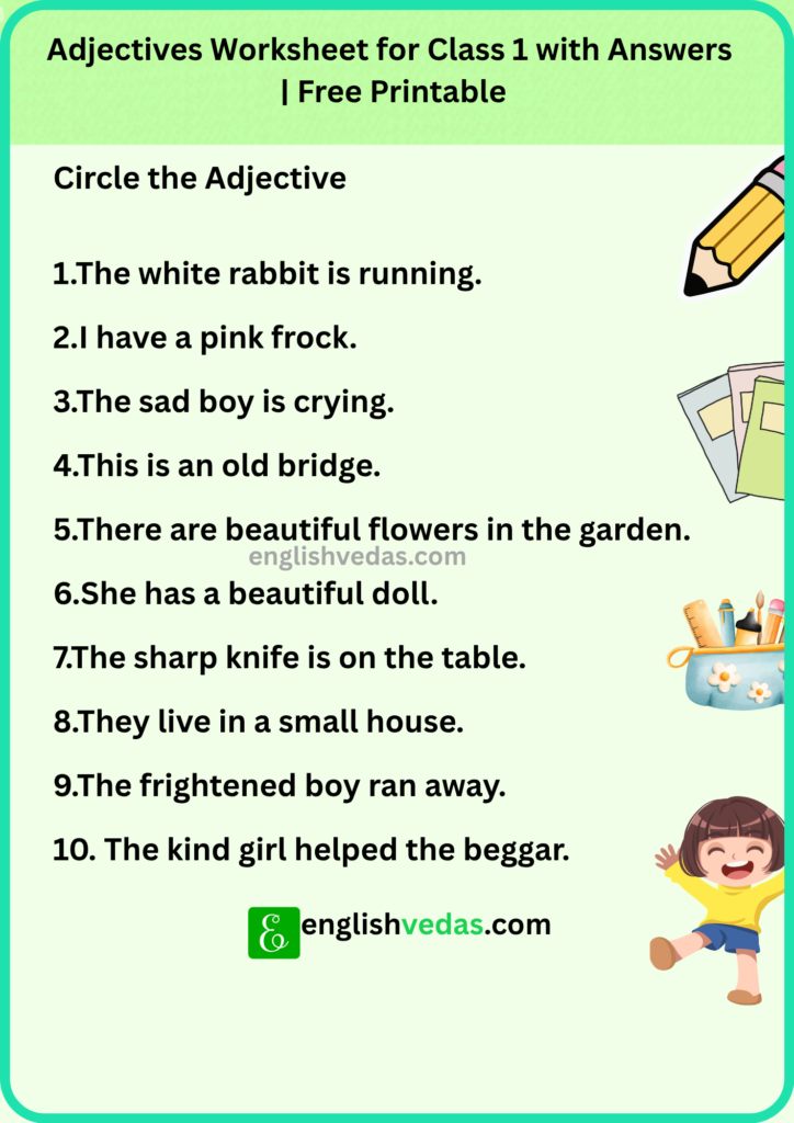 Adjectives Worksheet for Class 1 with Answers Free Printable