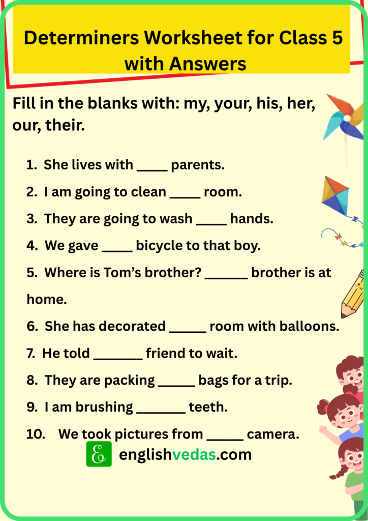 Determiners Worksheet for Class 5
