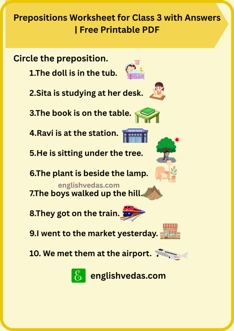 Prepositions Worksheet for Class 3 with Answers Free Printable PDF