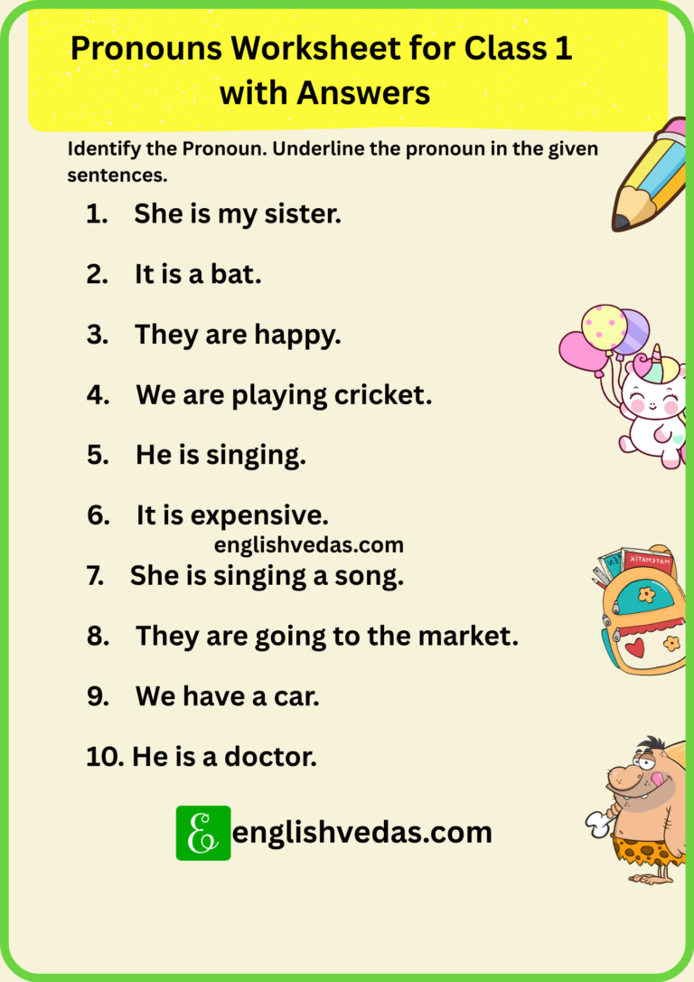 Pronouns Worksheet for Class 1 with Answers