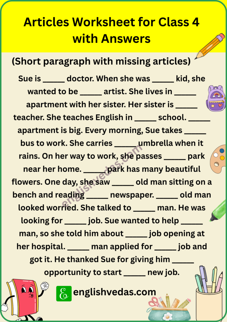 Articles Worksheet for Class 4 with Answers