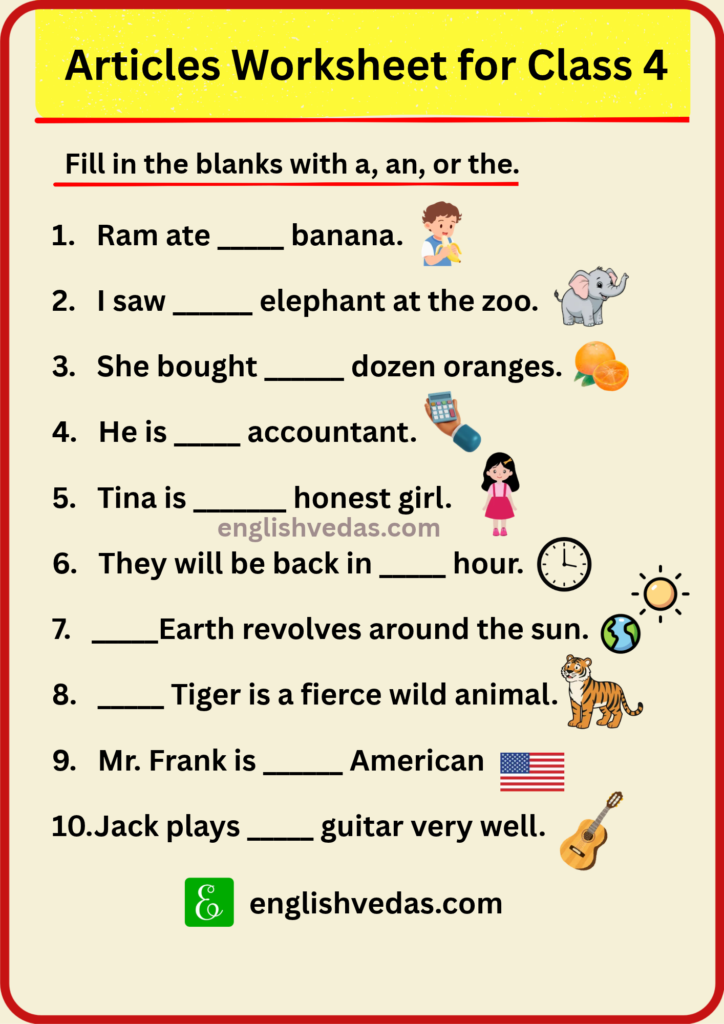 Articles Worksheet for Class 4 with Answers Free PDF