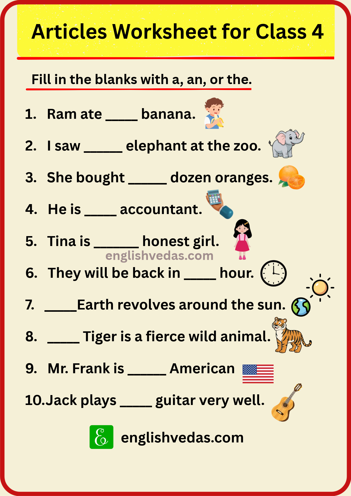Articles Worksheet for Class 4 with Answers Free PDF