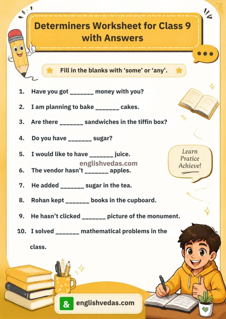 Determiners Worksheet for Class 9 with Answers