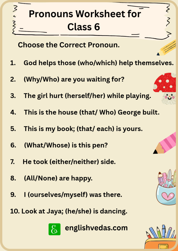 Pronouns Worksheet for Class 6