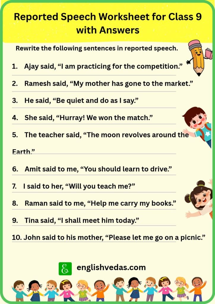 Reported Speech Worksheet for Class 9 with Answers (Free PDF)